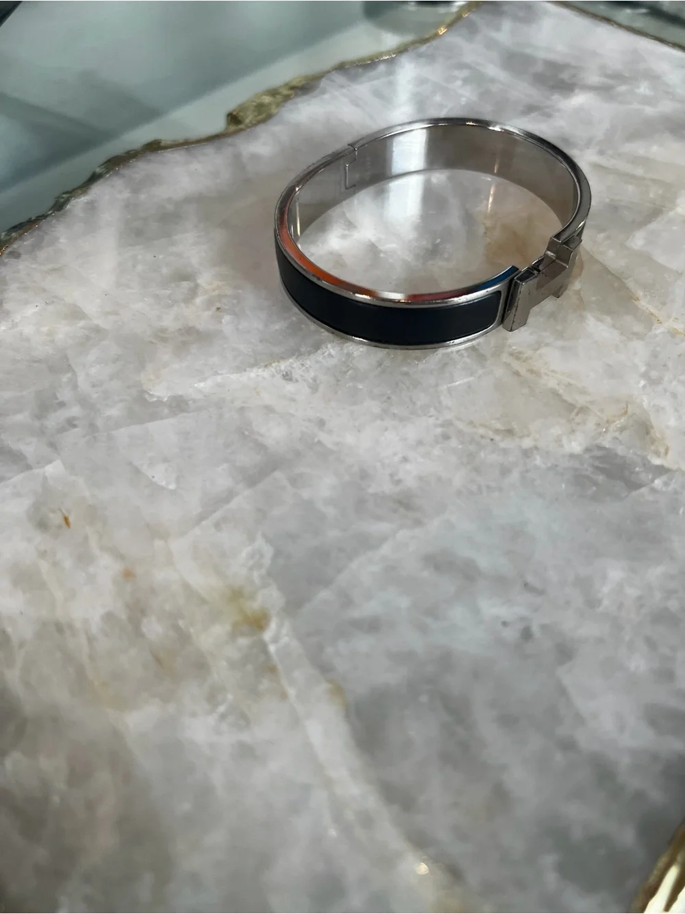 Hermes Men's Black and Silver H Cuff Bracelet